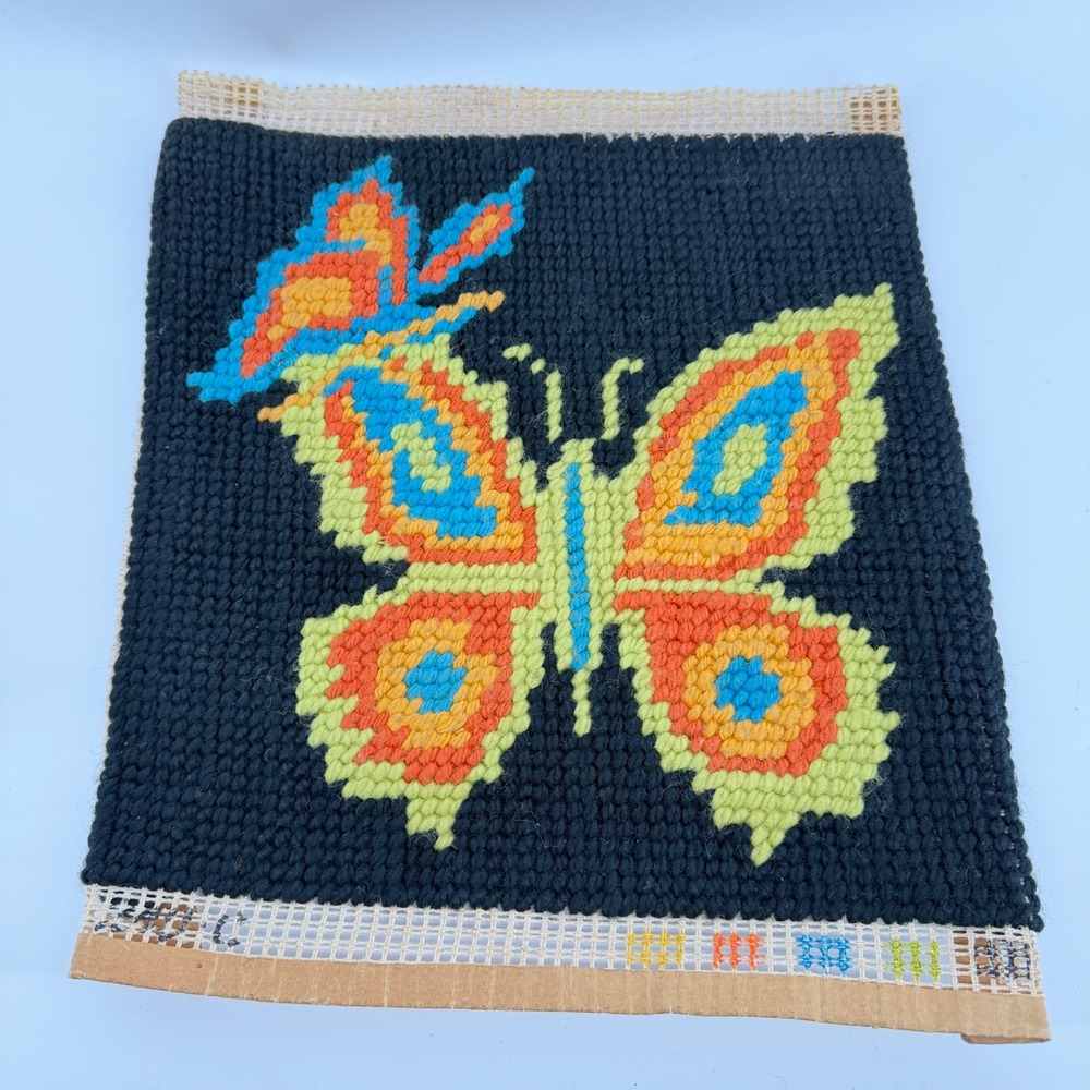 Vintage Butterfly Needlepoint Handmade Textile Wall Art Black Orange Green 10.5"